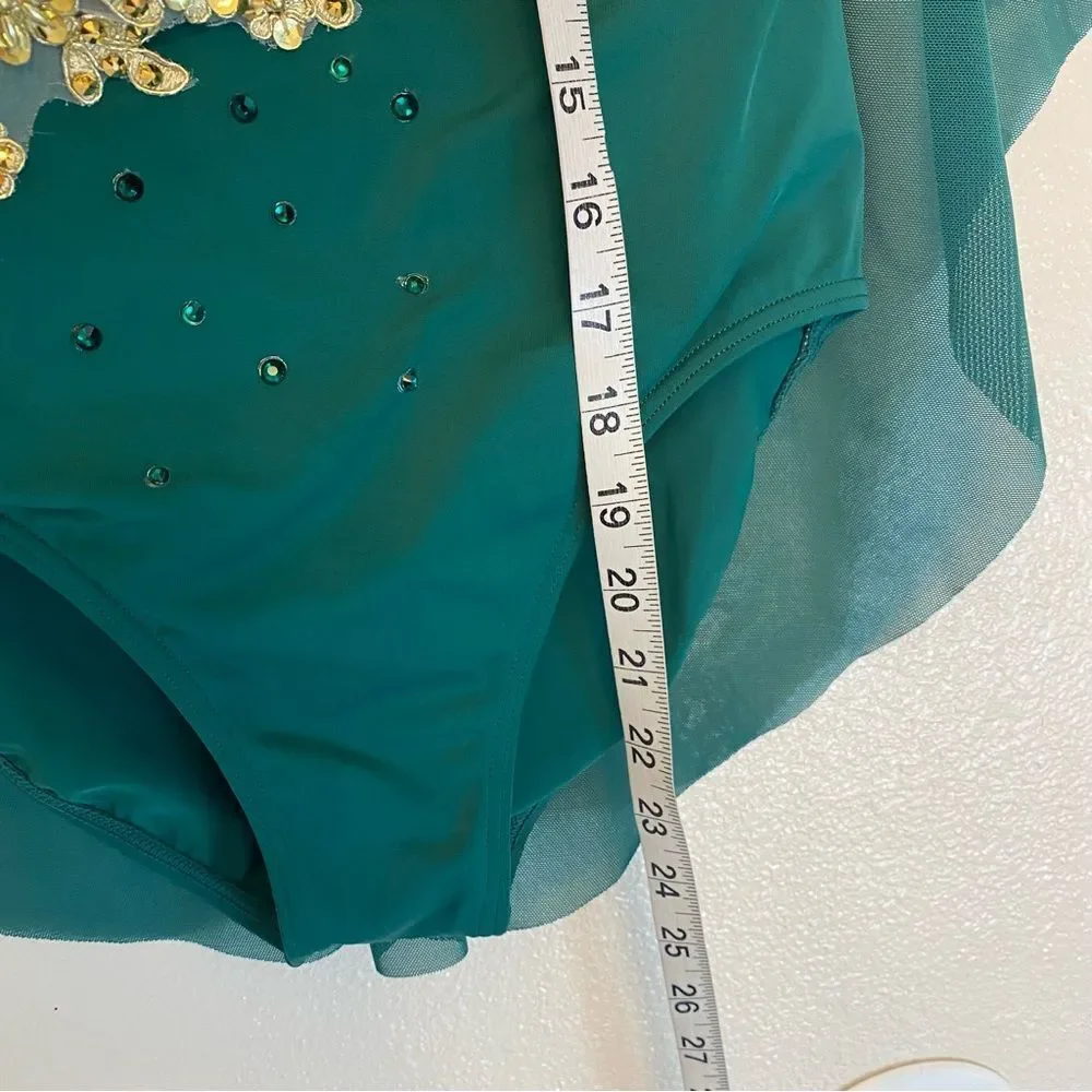 WEISSMAN Elite solo Dance Costume green Mesh Draped Cape Leotard SM12293 LC